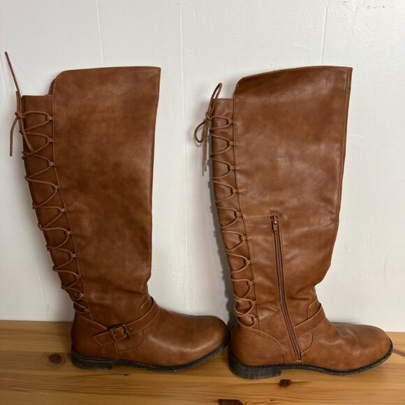 JustFab Brown Knee High Lace-up Boots Faux Leather Pricilla Buckle Size 11 - Picture 2 of 8